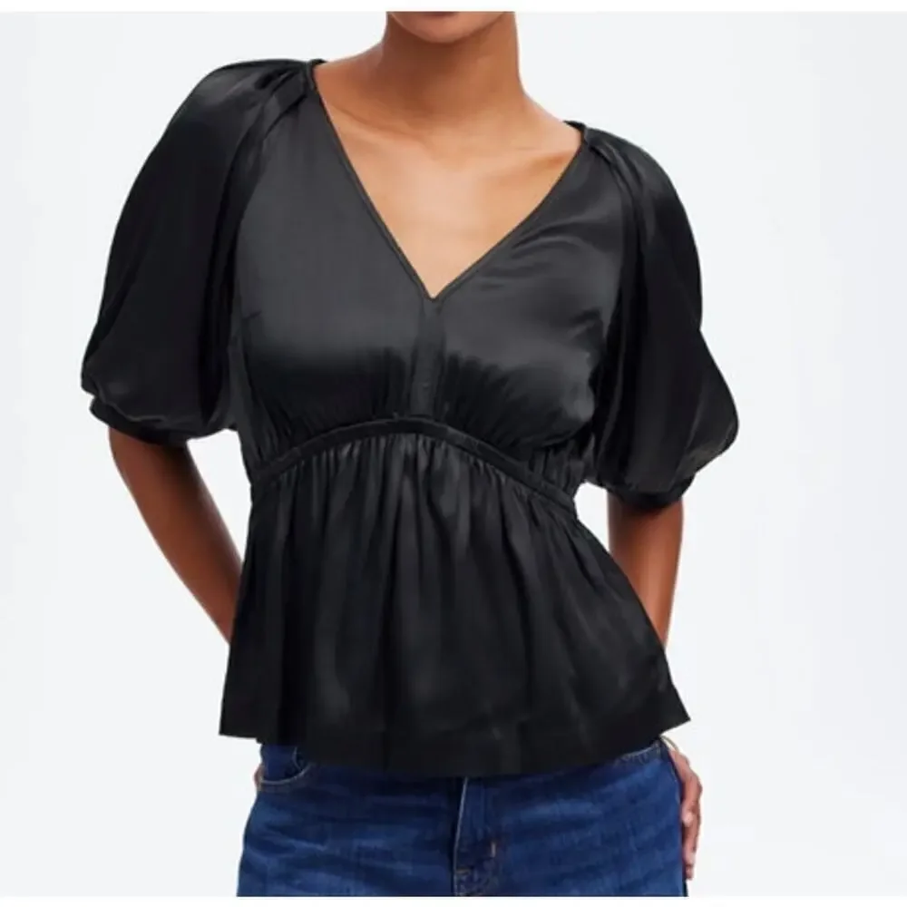 Madewell Shirred Top Satin Puff Sleeve Black NWT XS